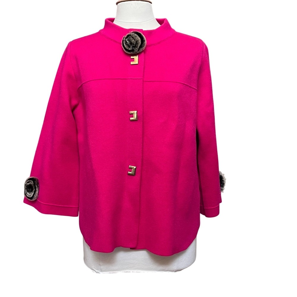 Hot Pink‎ 3/4 Sleeve Fur Rosettes Brass Snap Blazer Cardigan Med Maximalist